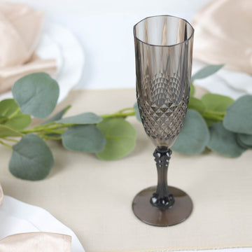 6 Pack 8oz Black Crystal Cut Reusable Plastic Wedding Flute Glasses, Shatterproof Champagne Toast Glasses