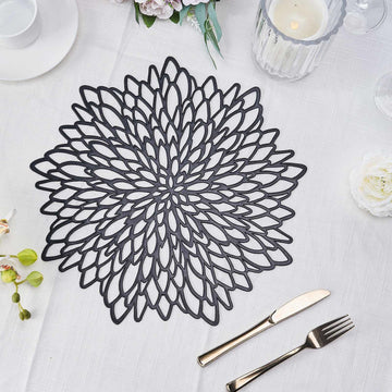 6 Pack | 15" Black Decorative Floral Vinyl Placemats, Non-Slip Round Dining Table Mats