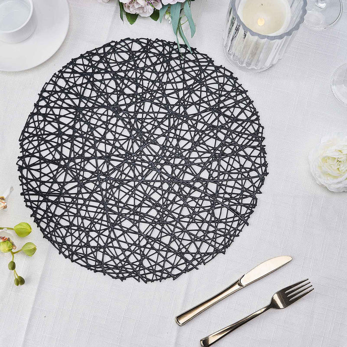 6 Pack | 15inch Black Decorative Woven Vinyl Placemats, Non-Slip Round Table Mats