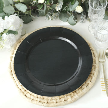 10 Pack | Black 13" Disposable Charger Plates, Cardboard Serving Tray, Round with Leathery Texture - 1100 GSM