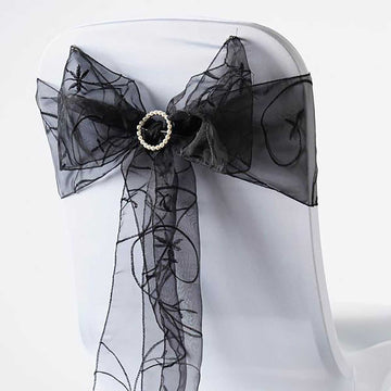 5 Pack | 7"x108" Black Embroidered Organza Chair Sashes