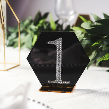 5 Pack | 5" Black / Gold Acrylic Hexagon Wedding Table Sign Holders, Number Stands