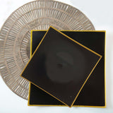 10 Pack | 8inch Black / Gold Concave Modern Square Plastic Dessert Plates, Disposable Salad Plates