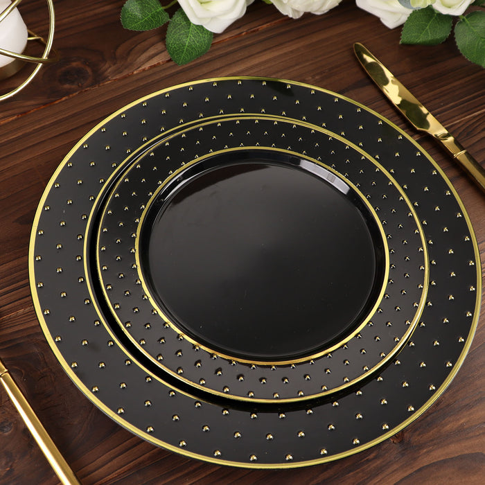 7.5inch Black / Gold 3D Disposable Dessert Plates Dotted Rim Design, Round Plastic Appetizer Plates