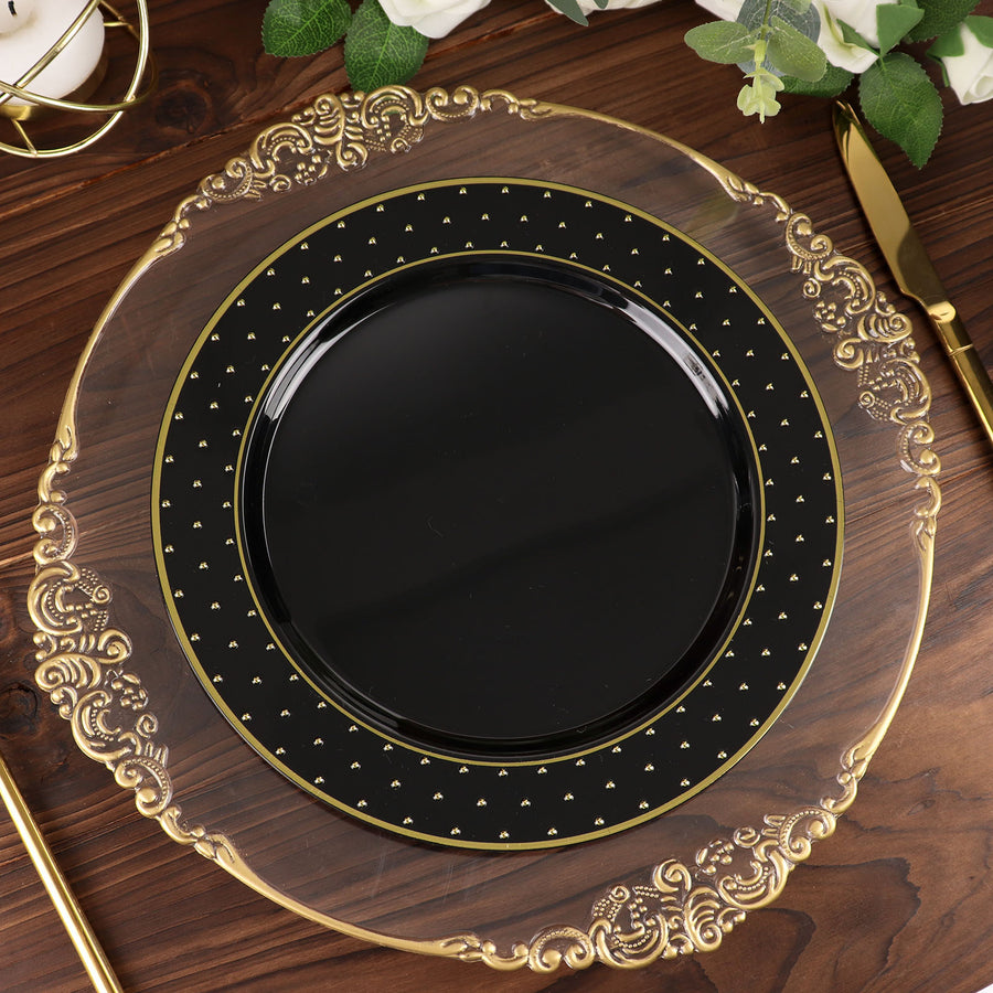 10inch Black / Gold 3D Disposable Dinner Plates With Dotted Rim Design, Round Plastic Party Plates
