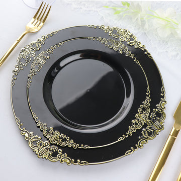 10 Pack 8" Black Plastic Salad Plates With Gold Leaf Embossed Baroque Rim, Round Disposable Appetizer Dessert Plates