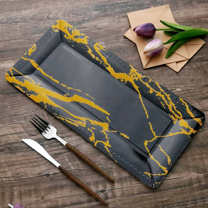 10 Pack | Black/Gold Marble 16inch Heavy Duty Paper Serving Trays - 1100 GSM