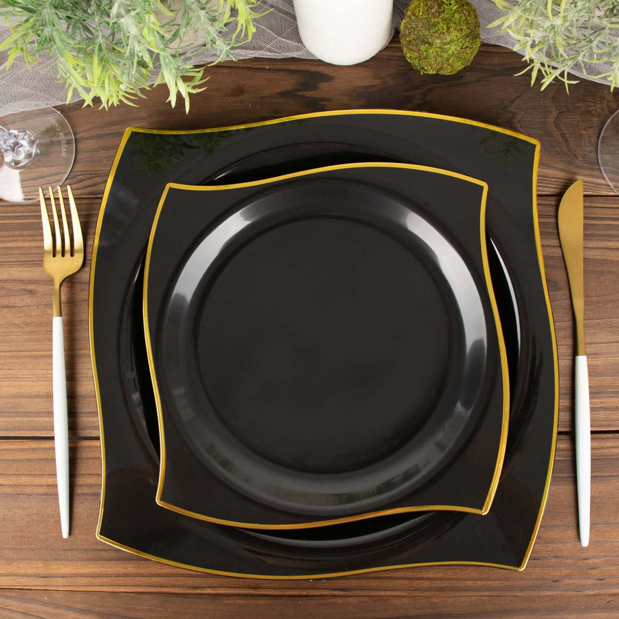 10 Pack | 8inch Black / Gold Wavy Rim Modern Square Plastic Dessert Plates, Disposable Salad Plates