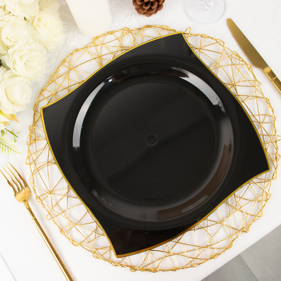 10 Pack | 10inch Black / Gold Wavy Rim Modern Square Plastic Dinner Plates, Disposable Party Plates