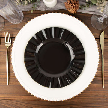 10 Pack 9" Black Heavy Duty Disposable Dinner Plates with Gold Ruffled Rim, Hard Plastic Dinnerware