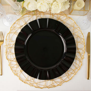 10 Pack | 11" Black Disposable Dinner Plates With Gold Ruffled Rim, Round Plastic Party Plates