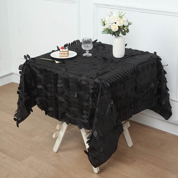 54" Black 3D Leaf Petal Taffeta Fabric Seamless Square Tablecloth