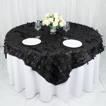72"x72" Black 3D Leaf Petal Taffeta Fabric Table Overlay