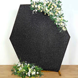 8ftx7ft Black Metallic Shimmer Tinsel Spandex Hexagon Backdrop, 2-Sided Wedding Arch Cover