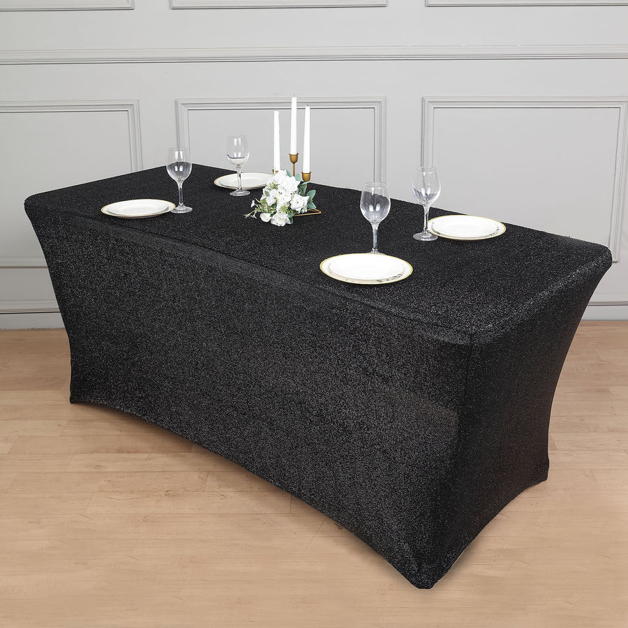 6ft Black Metallic Shimmer Tinsel Spandex Table Cover, Rectangular Fitted Tablecloth