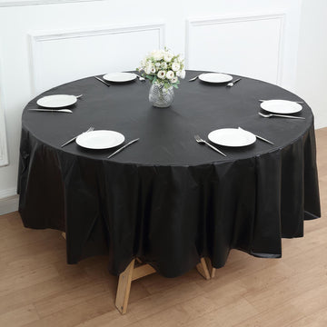 84" Black Waterproof Plastic Tablecloth, PVC Round Disposable Table Cover