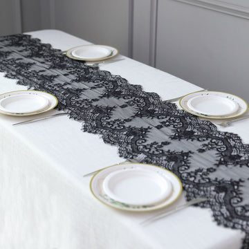 15"x117" Black Premium Lace Fabric Table Runner, Vintage Classic Table Decor With Scalloped Frill Edges