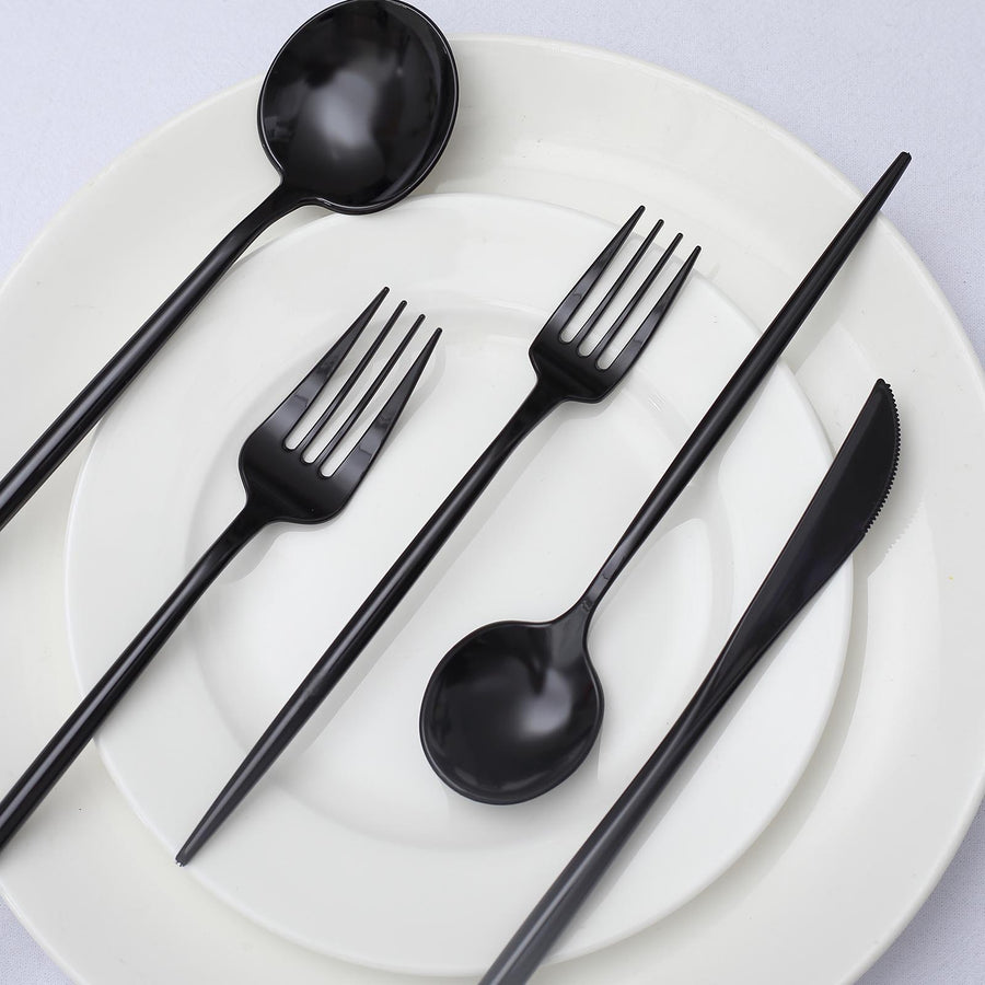 50 Pack | Black Premium Plastic Silverware Set, Heavy Duty Disposable Sleek Utensil Cutlery