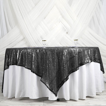 90"x90" Black Premium Sequin Square Table Overlay, Sparkly Table Overlay