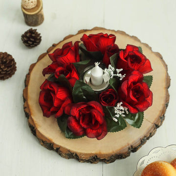 4 Pack | 3" Black/Red Artificial Silk Rose Flower Candle Ring Wreaths