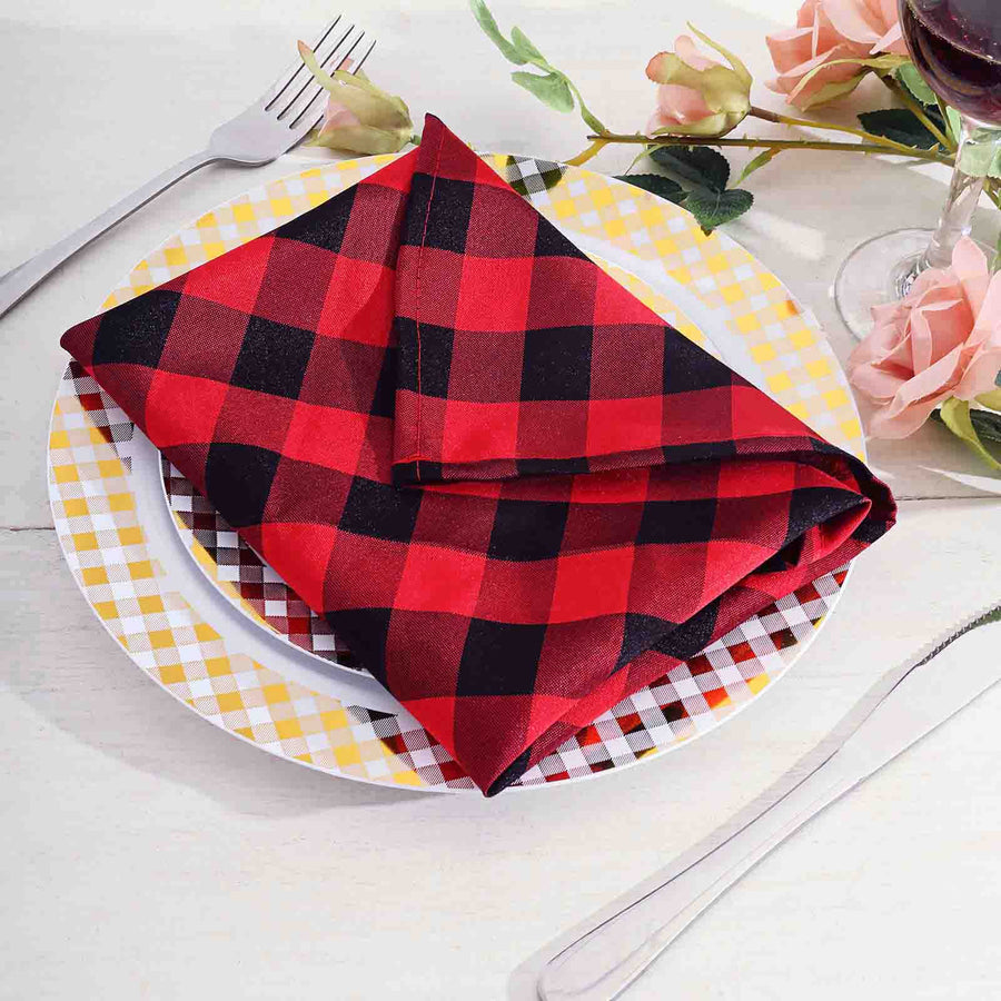 5 Pack | Black/Red Buffalo Plaid Cloth Dinner Napkins, Gingham Style | 15x15Inch