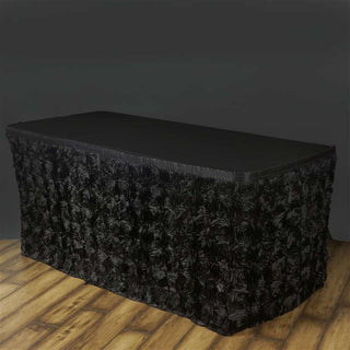 Elegant Black Rosette 3D Satin Table Skirt for Stunning Event Decor