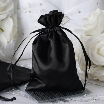 12 Pack 4"x6" Black Satin Wedding Party Favor Bags, Drawstring Pouch Gift Bags