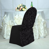 Black Satin Rosette Spandex Stretch Banquet Chair Cover, Fitted Chair Cover