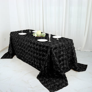 Elegant Black Rosette Satin Rectangle Tablecloth for Stunning Event Décor