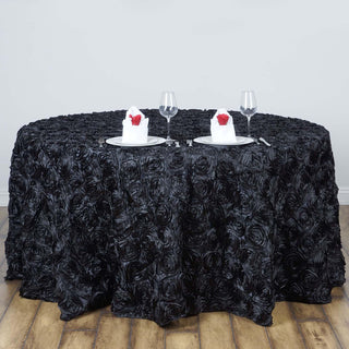 Black Beauty: Elevate Your Event with the 120" Black Seamless Grandiose 3D Rosette Satin Round Tablecloth