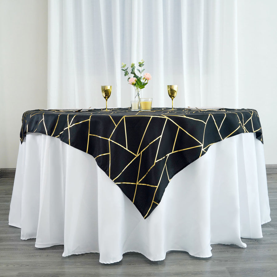 54inch x 54inch Black Polyester Square Overlay With Gold Foil Geometric Pattern