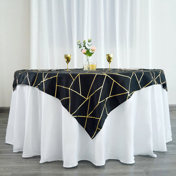 54"x54" Black Seamless Polyester Square Table Overlay With Gold Foil Geometric Pattern