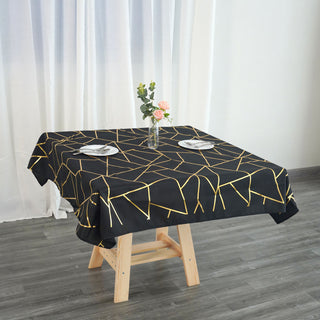 Black Seamless Polyester Square Tablecloth With Gold Foil Geometric Pattern