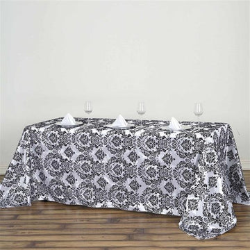 90"x132" Black Seamless Rectangle Velvet Flocking Design Taffeta Damask Tablecloth