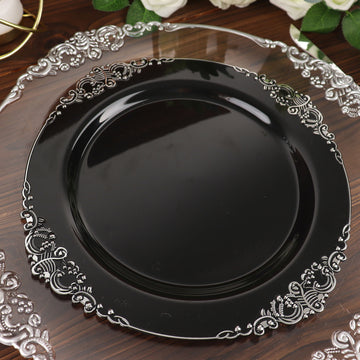 10 Pack 10" Black Plastic Party Plates With Silver Leaf Embossed Baroque Rim, Round Disposable Dinner Plates