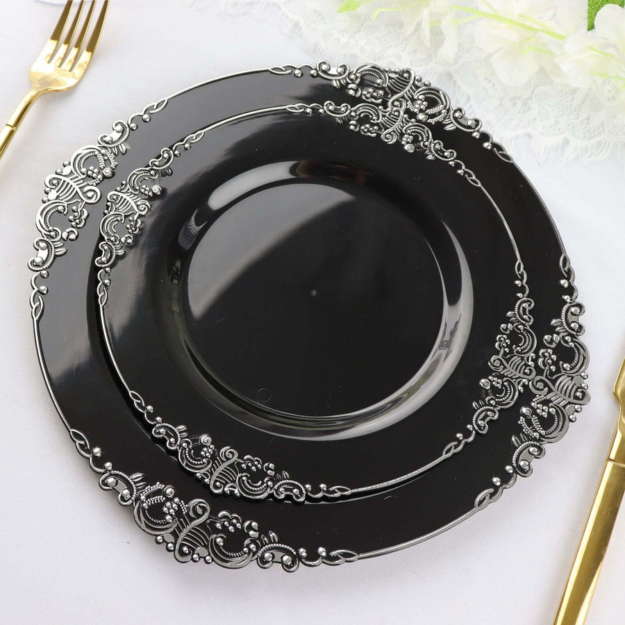 10 Pack | 8inch Black Silver Leaf Embossed Baroque Plastic Salad Dessert Plates