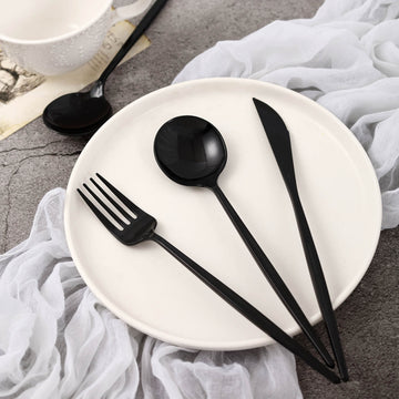 24 Pack | Black Sleek Modern Plastic Silverware Set, Premium Disposable Knife, Spoon & Fork Set - 8"