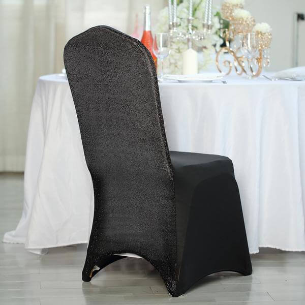 Black Spandex Stretch Banquet Chair Cover, Fitted with Metallic Shimmer Tinsel Back