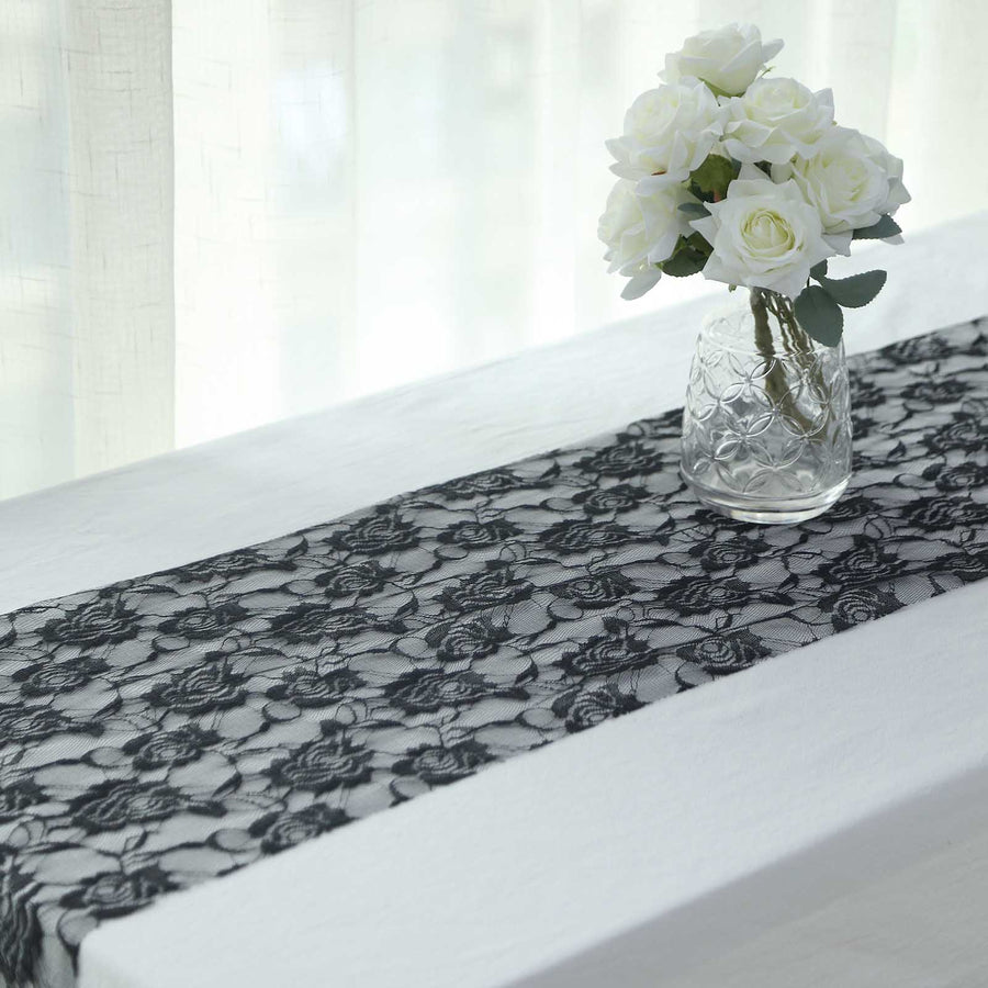 12inch x 108inch Black Vintage Rose Flower Lace Table Runner