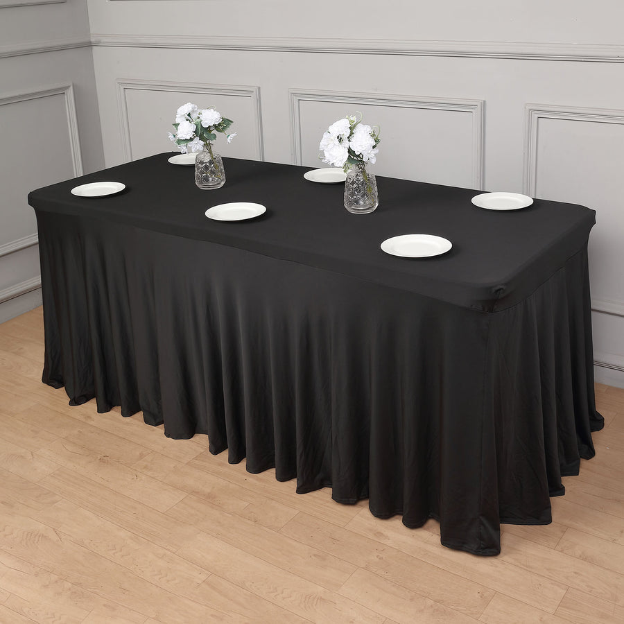 6ft Black Wavy Spandex Fitted Rectangle 1-Piece Tablecloth Table Skirt