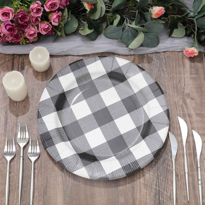 10 Pack | 13inch Black / White Buffalo Plaid Disposable Charger Plates