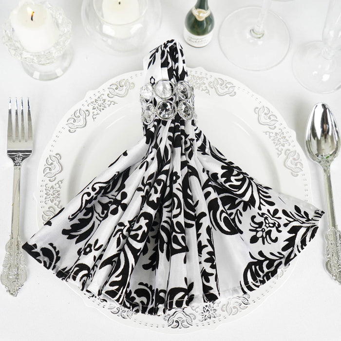 5 Pack | Black/White Damask Flocking Cloth Dinner Napkins, Reusable Linen | 20x20Inch