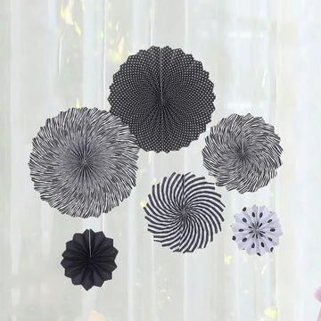 Set of 6 | Black / White Hanging Paper Fan Decorations, Pinwheel Wall Backdrop Party Kit - 8", 12", 16"