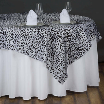 90" Black / White Leopard Print Taffeta Square Table Overlay