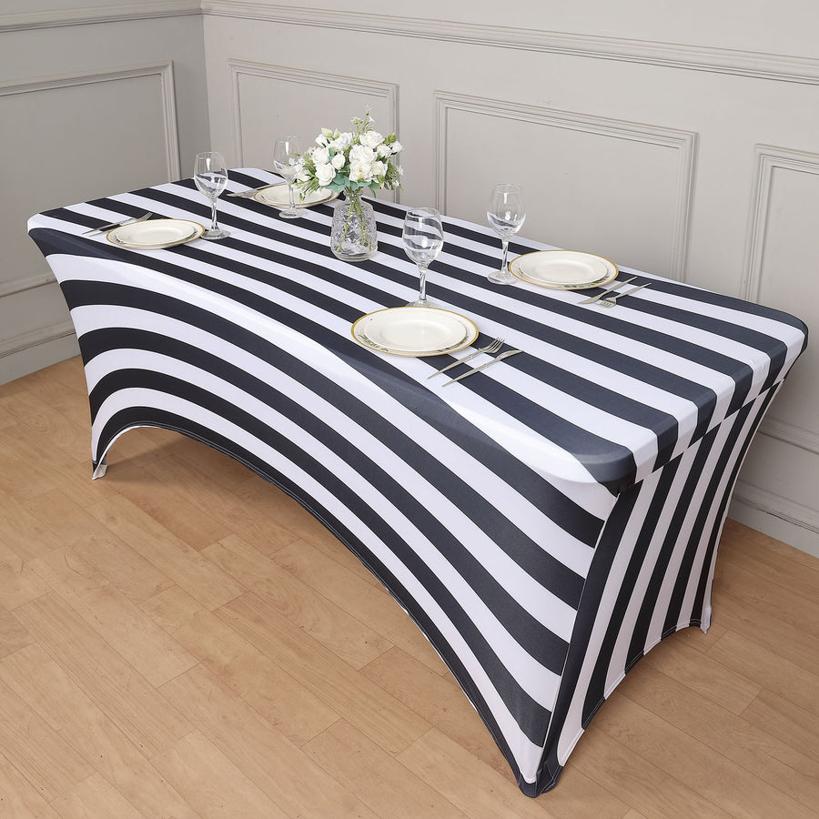 6ft Black / White Spandex Stretch Fitted Rectangular Tablecloth