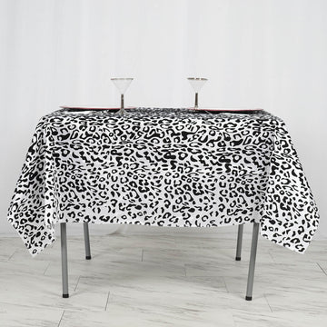 72" x 72" | Black/White Taffeta Leopard Print Square Tablecloth | Jungle Theme Party Decoration