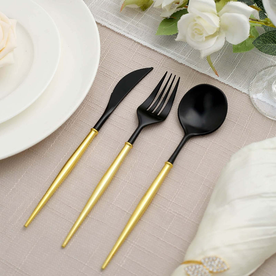 24 Pack | 8inch Black With Gold Handle Silverware Set, Modern Premium Plastic Utensil Set