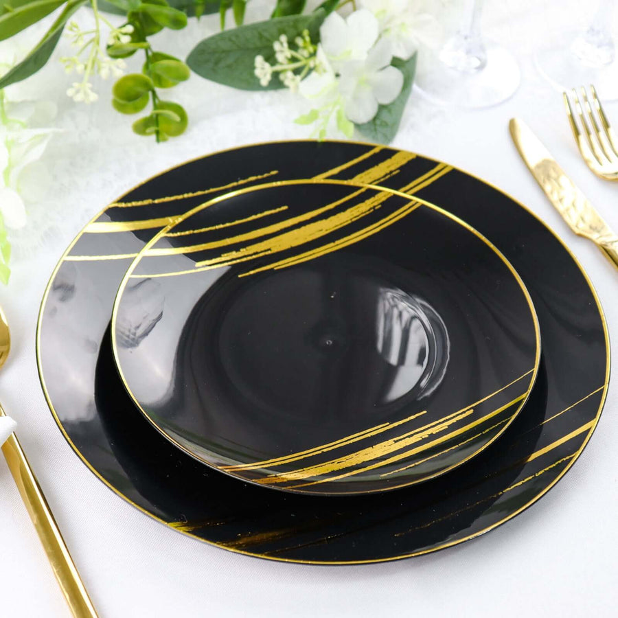 10 Pack | Black & Gold Brush Stroked 7inch Round Plastic Dessert Plates