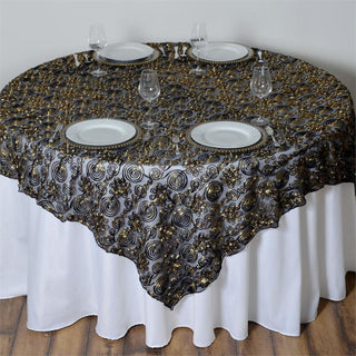 Black and Gold Satin Embroidered Tulle Square Table Overlay