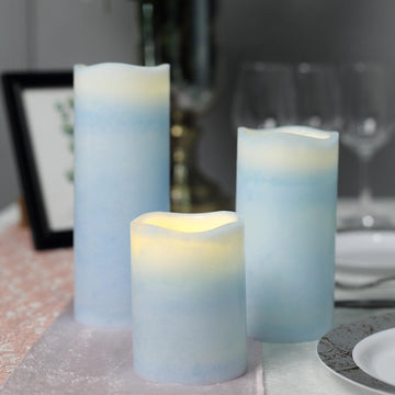 Set of 3 Blue Flameless LED Pillar Candles, Remote Operated Battery Powered - 4", 6", 8"